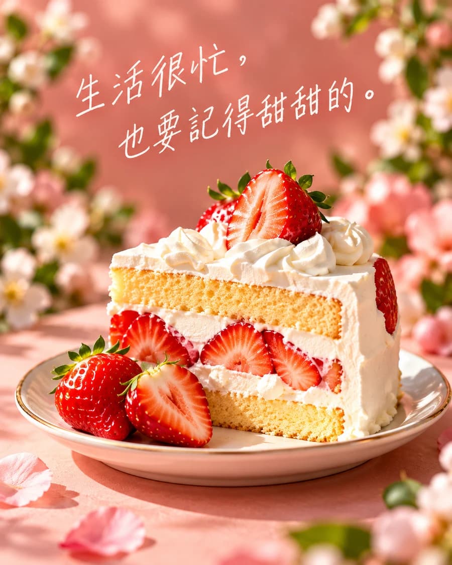 粉色背景上的草莓奶油蛋糕社群贴文