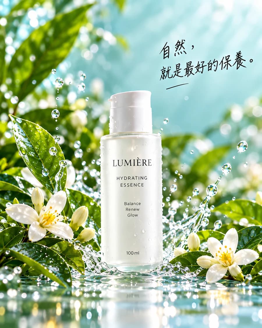 同款护肤品配上绿叶、水花和白花的商业视觉