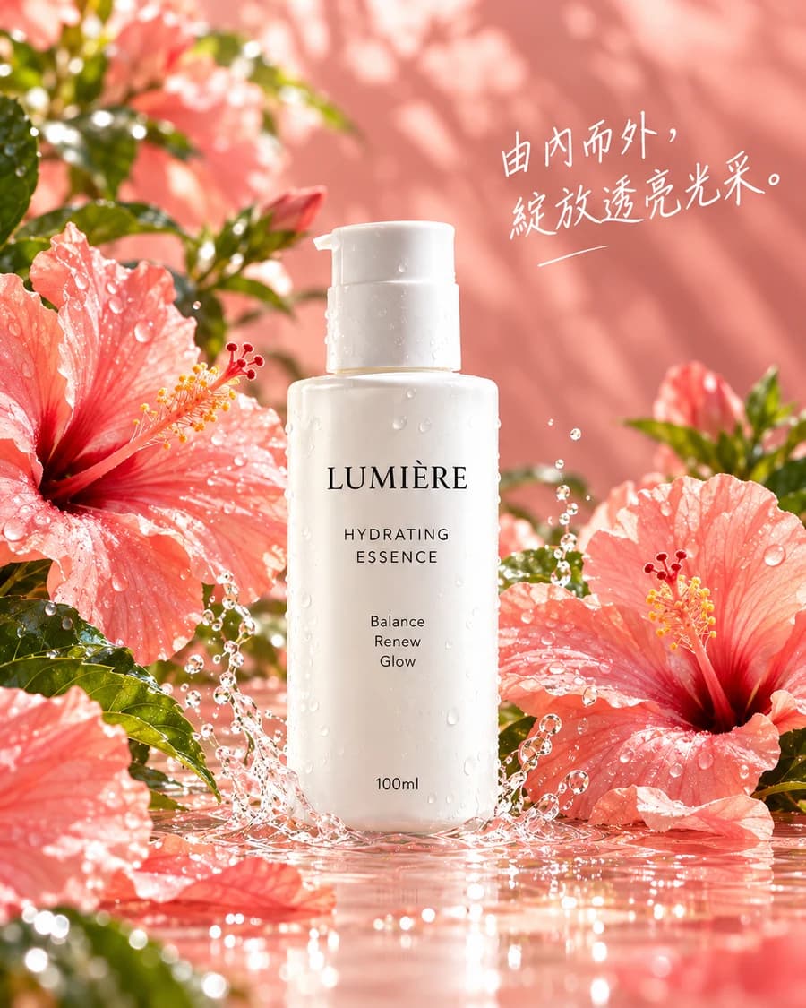 同款护肤品配上珊瑚粉花朵的商业视觉