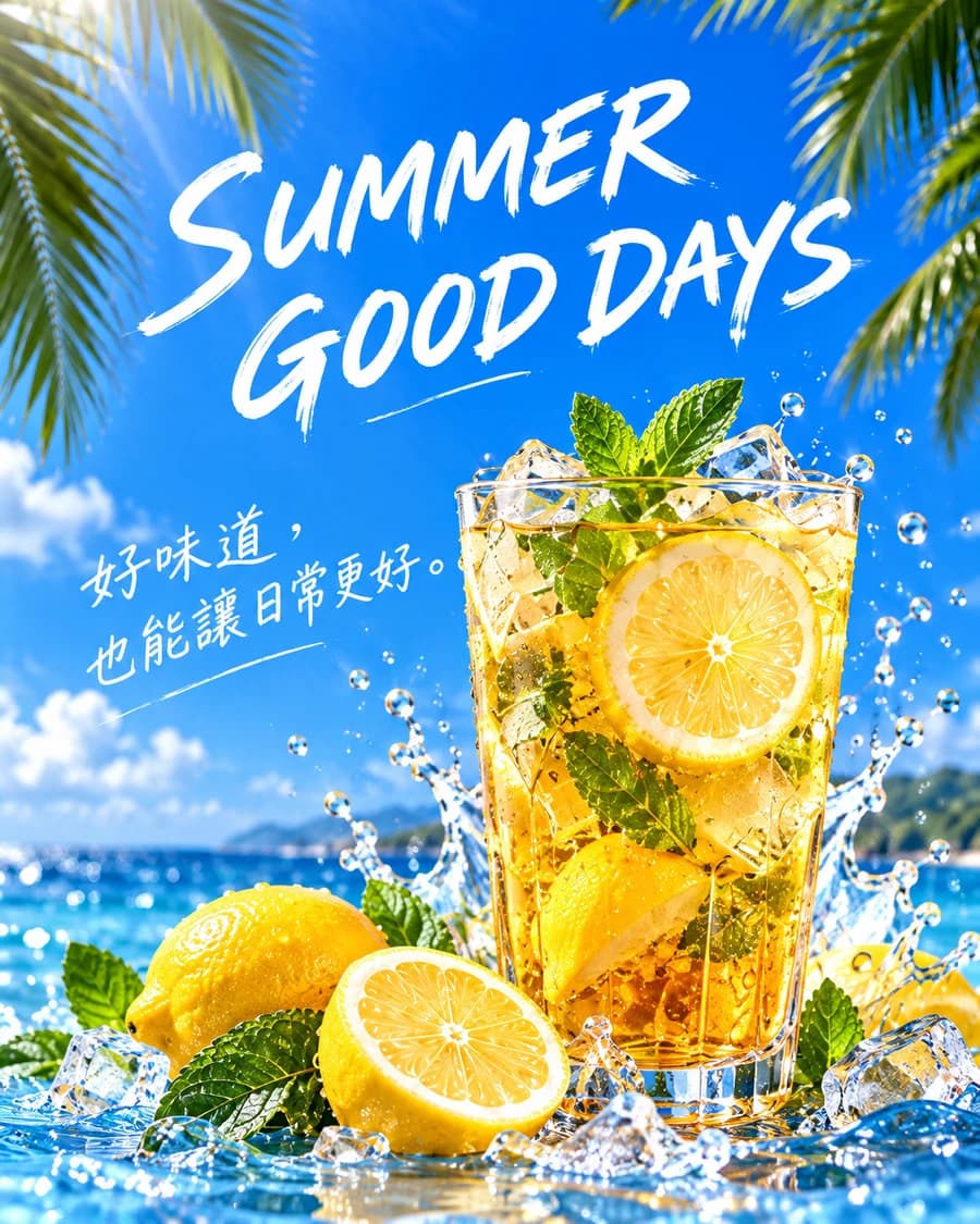 鲜蓝背景和柠檬冰茶的夏日活动海报